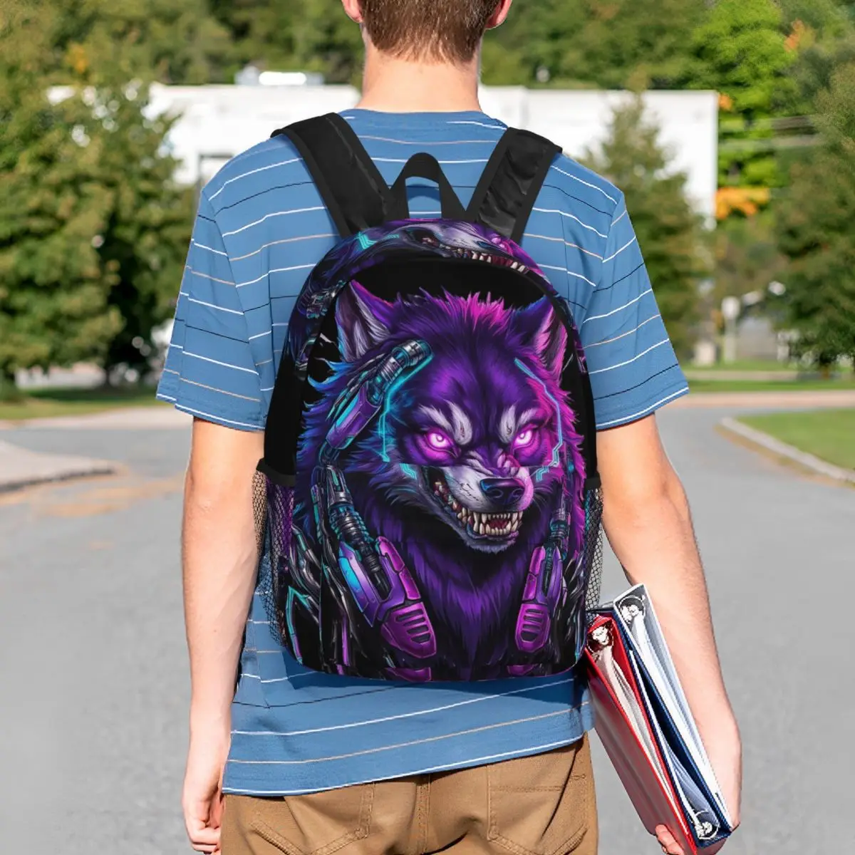 Neon Graffiti Wolf With Headphone Backpack Student BookBag Children School Bag Laptop Shoulder Bags for Men Women