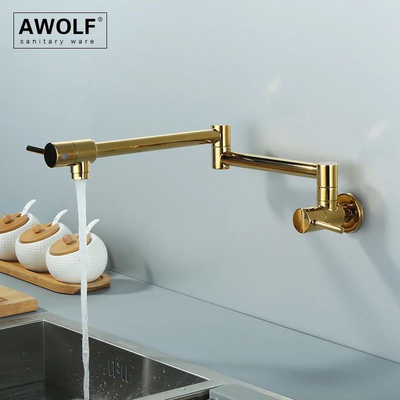 

Awolf Folding Pot Filler Solid Brass Titanium Gold Kitchen Faucet Wall Mounted 360 Degree Rotation Single Hole Sink Faucet FW008