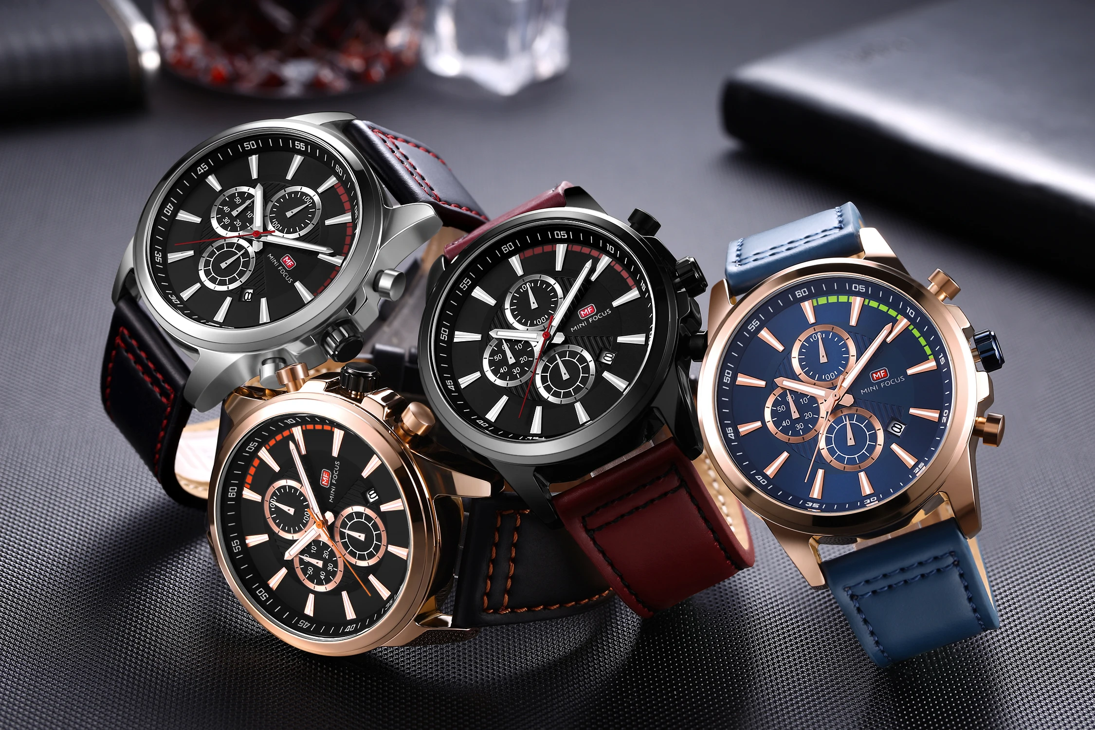Mini Focus MF0129G Men Sports Watch Genuine Leather Strap Waterproof Luminous Chronograph Calendar Quartz Watches