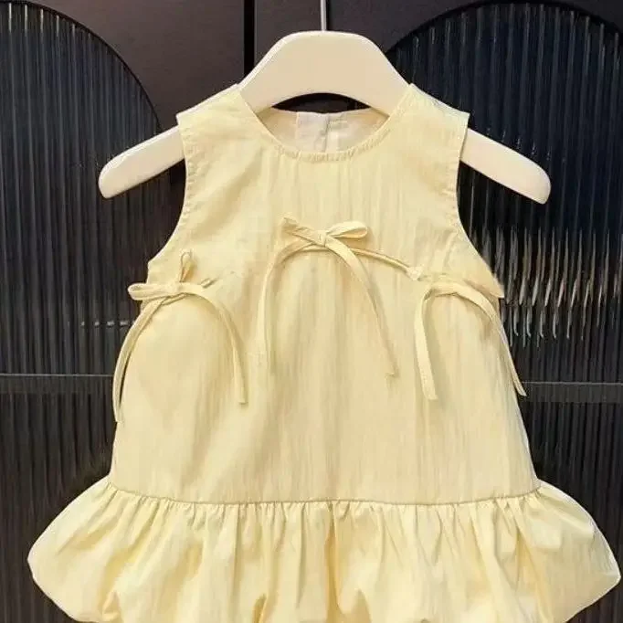 2025 Summer New Girls' Bubble Skirt Small Dress Sleeveless Fish Tail Bow Vest Dress