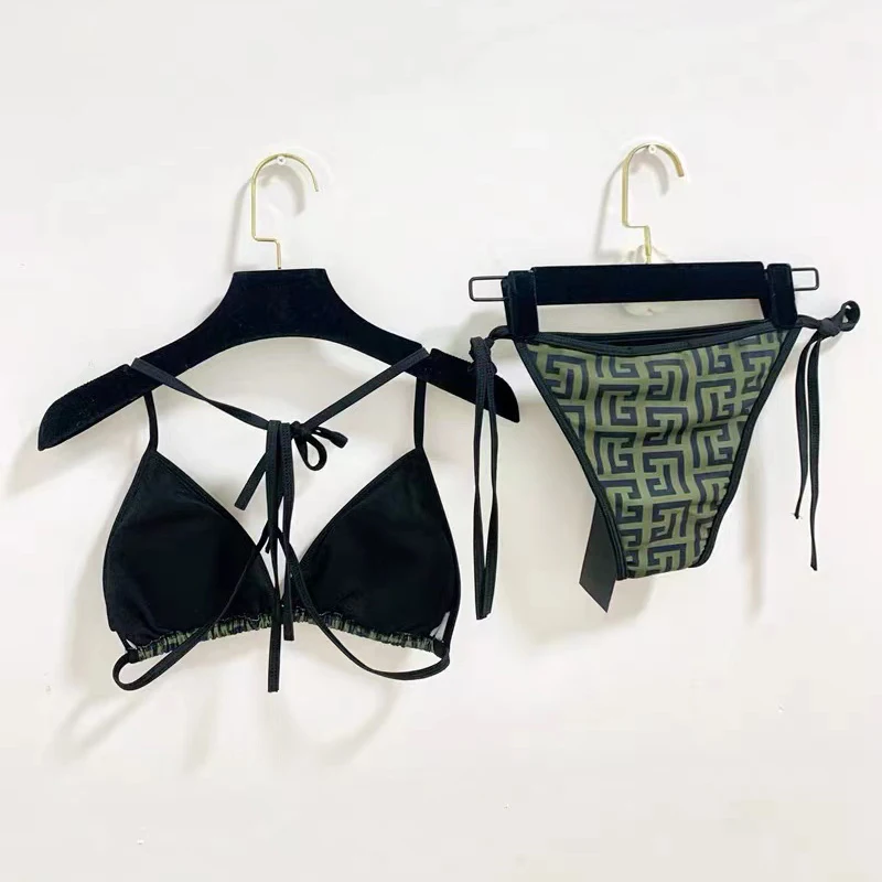Lace-up Fashion Bikinis Sets Women Geometric Printed Bra Thong Sexy 2 Piece Swimsuits Solid Beach Style One-piece Bathing Suits
