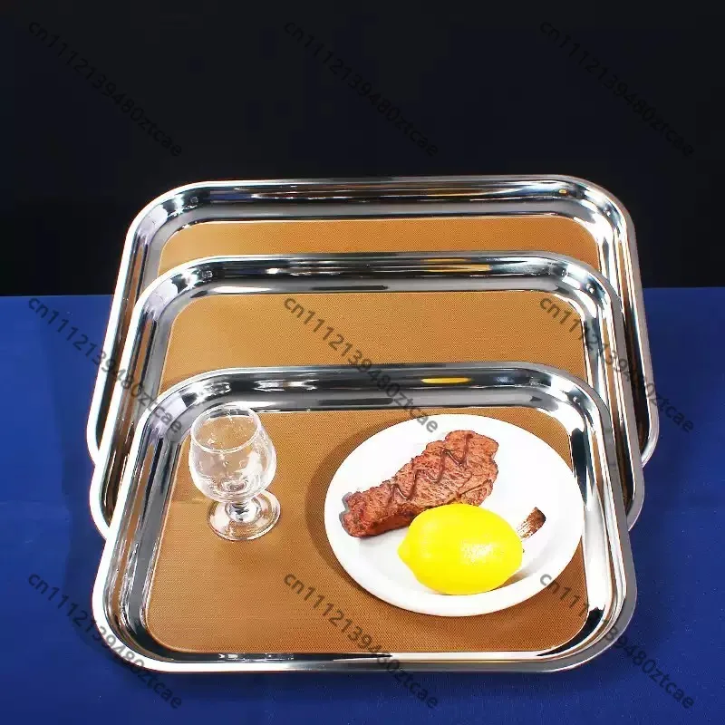 Thickened Non‑Slip Stainless Steel Serving Tray Rectangular Anti‑slip Mat Tray for Restaurant Bar KTV Fruit Tea Food Plate