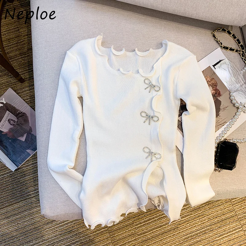 Neploe Autumn Vintage Women Clothing Pull Femme O Neck Wave Solid Color Long Sleeve Jumpers Bowknot Knitted Pullover Sweaters