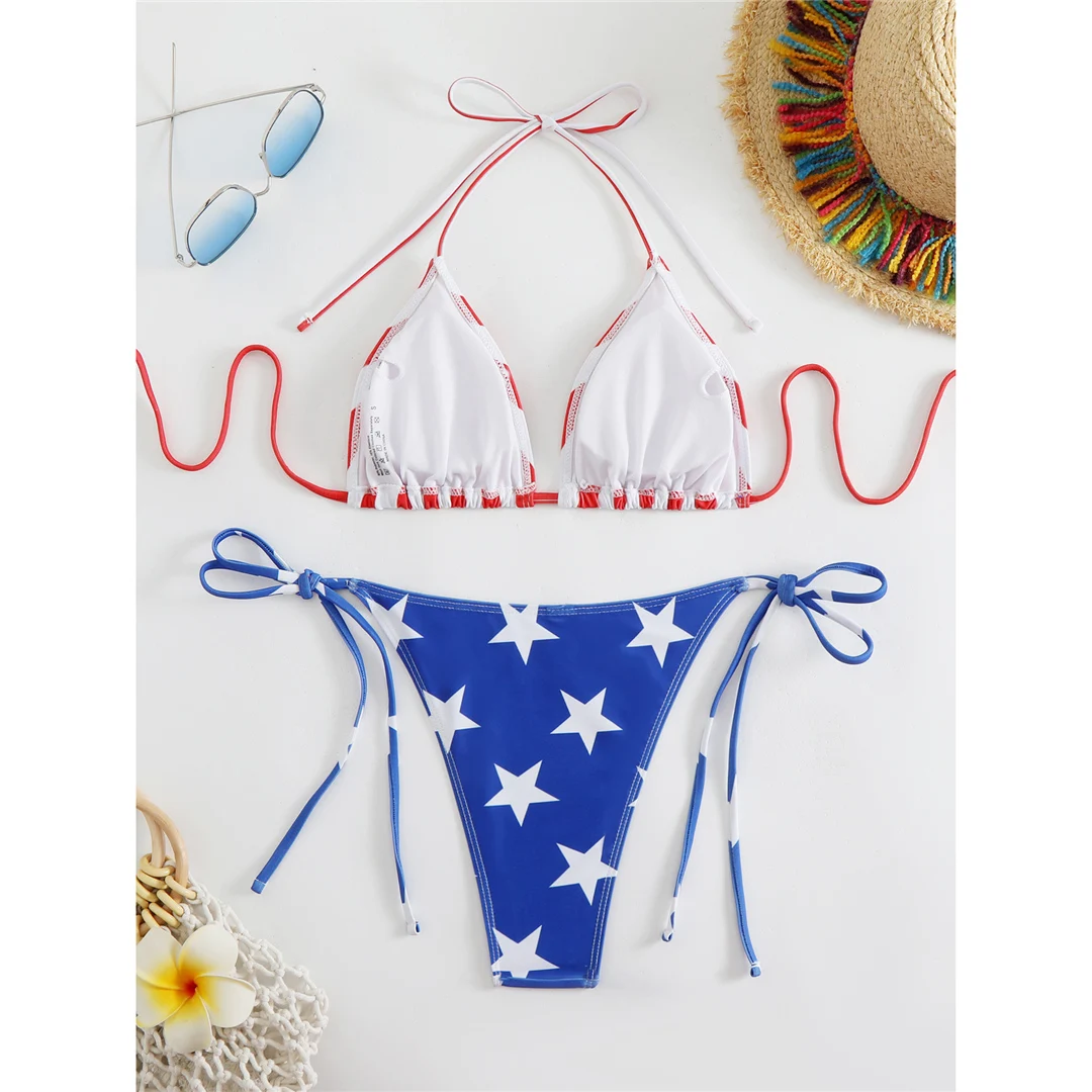 Flag-Print-Bikini mit Neckholder und hohem Beinausschnitt, zweiteiliger Badeanzug für Damen, Badebekleidung, Badeanzug, Schwimmanzug V6144 – Detail 18