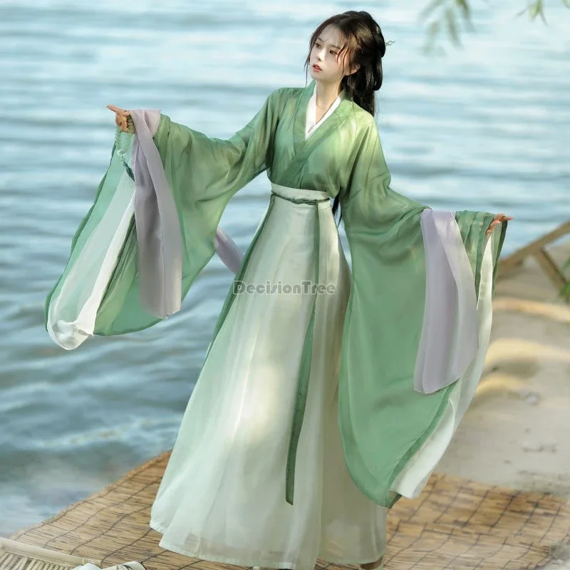 Hanfu set gaya etnis Cina antik 2024 gaun teh zen temperamen cetak Dinasti jin wei, gaun kain kasa gradien peri