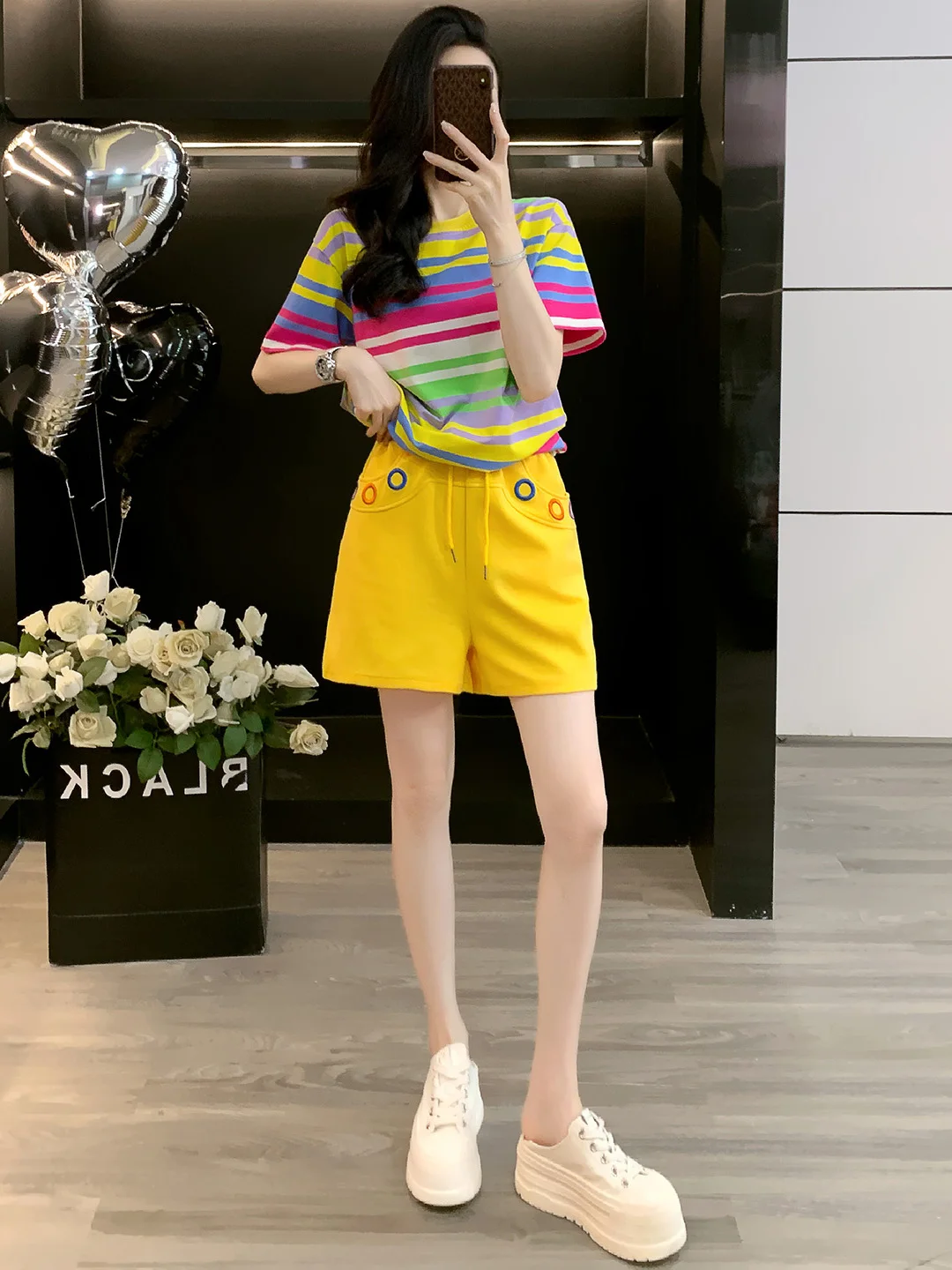 

Youthful Energy Casual Sportswear Set Women Summer Slimming Stripe Short Sleeve T-Shirt Yellow Shorts Two Piece Set Cotton ro...