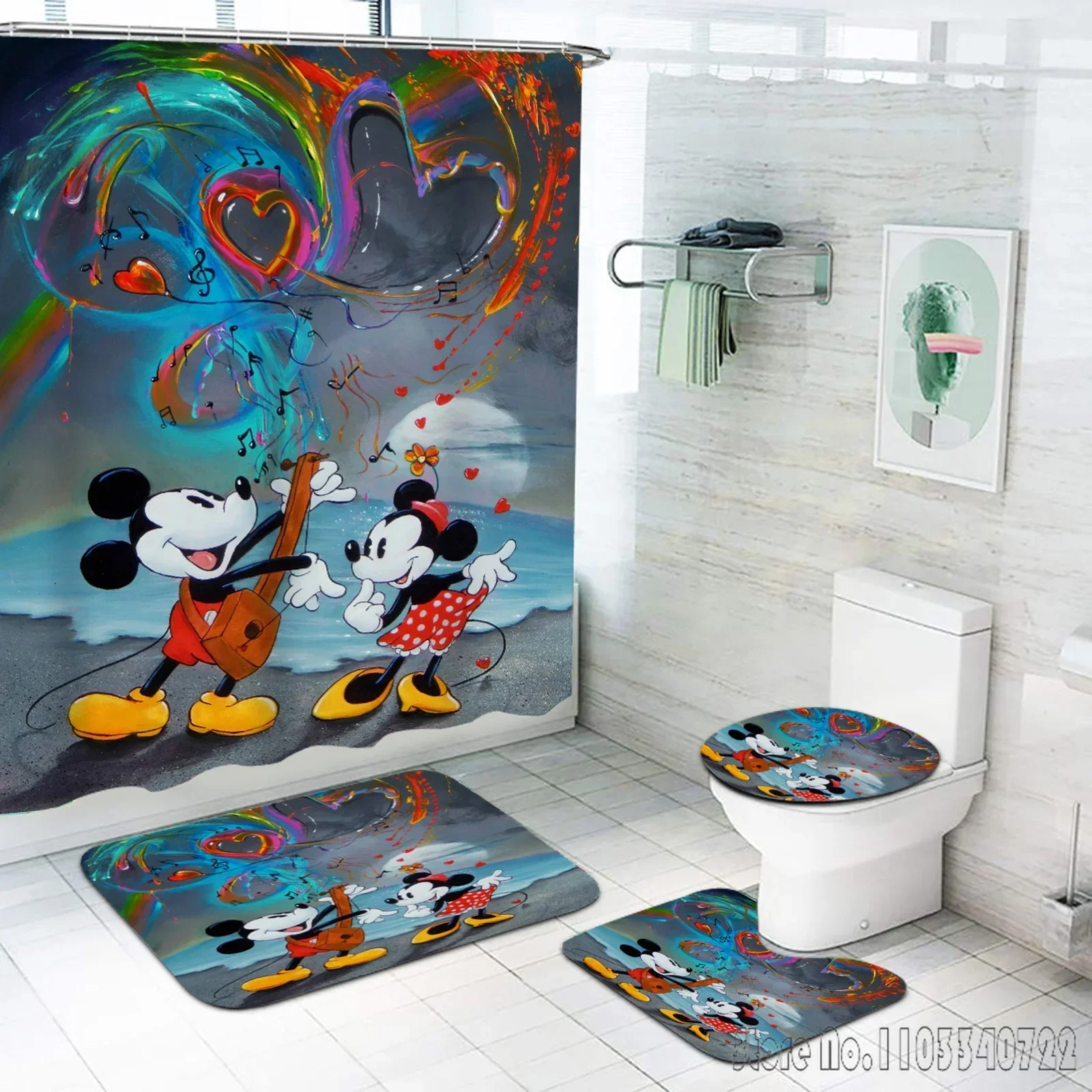 Mickey Mouse Anime Bath Shower Curtain Set 4pcs with Hooks Waterproof Bathroom Toilet Mat Lid Decor