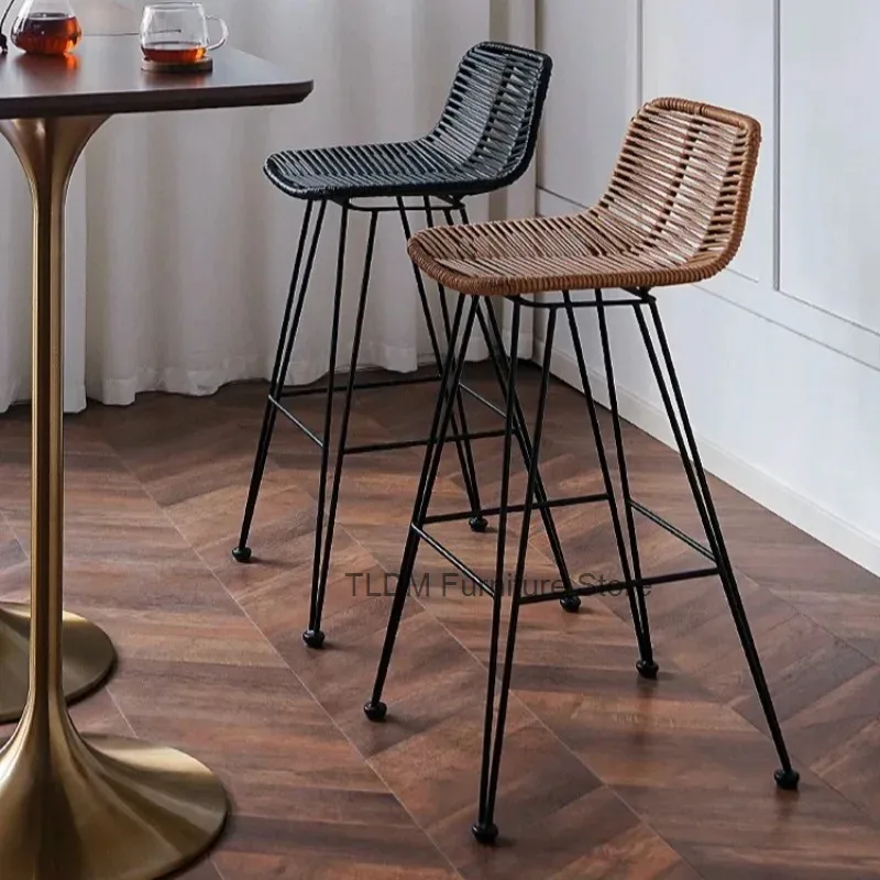 Woven Rattan Bar Stools, Modern Armless Counter Height Chairs, Mid-Century Style High Stools for Kitchen Island and Bar Area