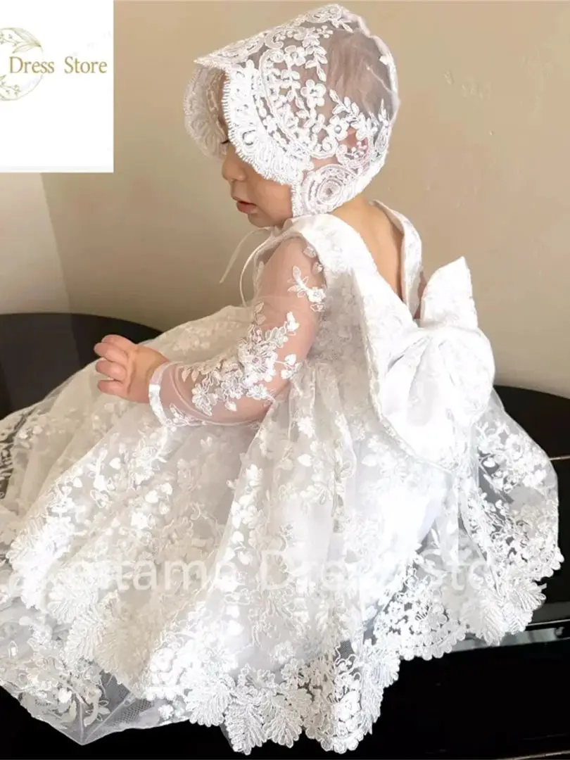 Vestidos de renda branca com laço para meninas, manga comprida, vestidos de primeira comunhão, casamento e festa de aniversário