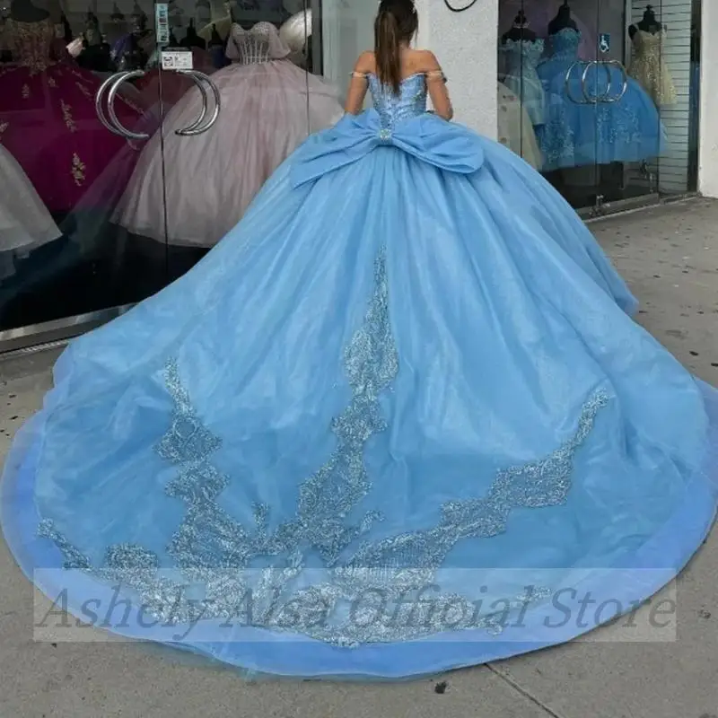 Customized Sky Blue Quinceanera Dresses 16th Year Girl Off Shoulder Illusion Long Sleeve Birthday Party Prom Dress Vestido 15