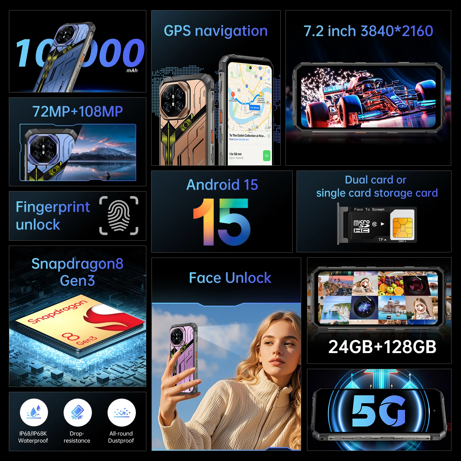 [العالم الأول] IVMI S26 هاتف متين 10000 مللي أمبير 24 جيجابايت + 512 جيجابايت رام 7.2 بوصة HD + شاشة أندرويد 15 108 ميجابكسل كاميرا رئيسية هاتف ذكي NFC متين