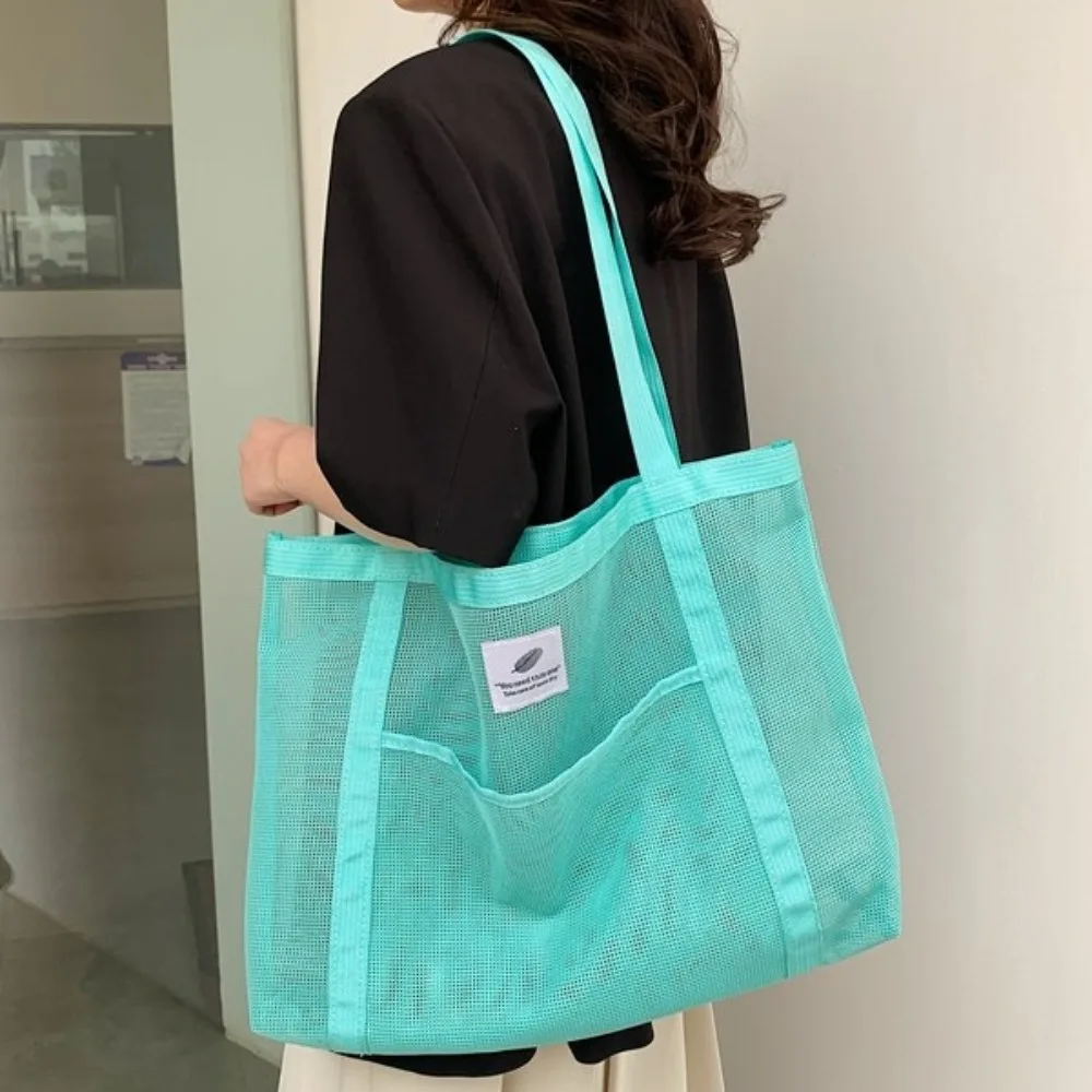 Durable Transparent Mesh Shoulder Bag Mesh Net Casual Tote Handbag Shopping Quick Dry Swimming Shower Bags for Women