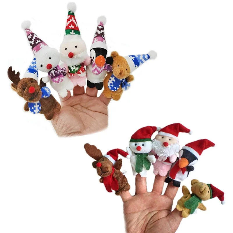 Natal Finger Puppets Brinquedos para crianças, alces, Papai Noel, boneco de neve, personagem pinguim, favores do partido, mãos, 5pcs