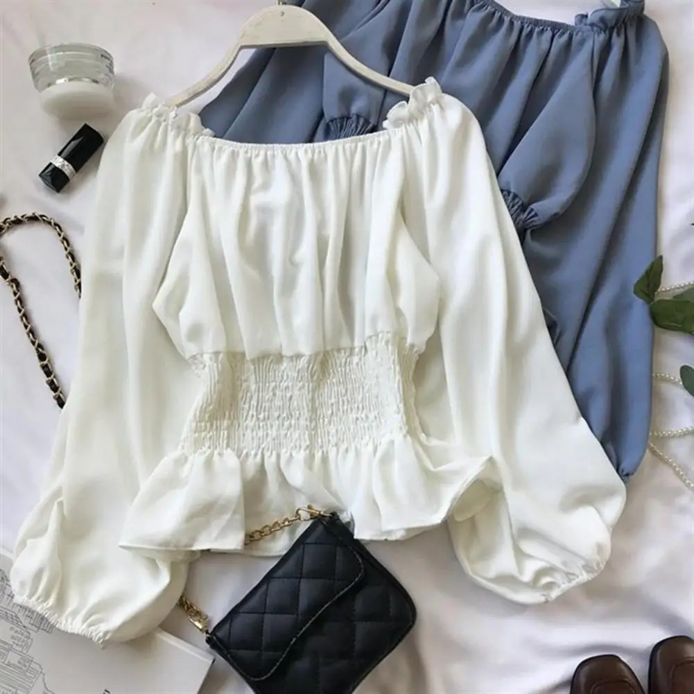 Off Shoulder Elastic Waist Ruffle Hem Solid Color Casual Blouse Spring Autumn Lantern Long Sleeve Women Chiffon Shirt Daily Clot