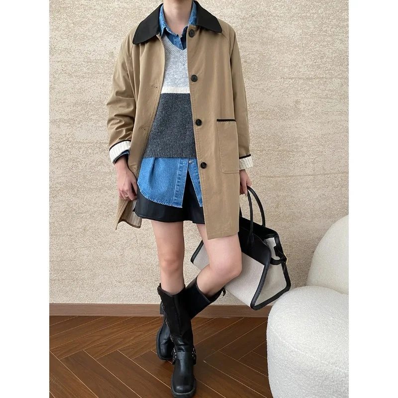 Petite British Style Contrasting Color Collar Casual Loose Windbreaker Jacket