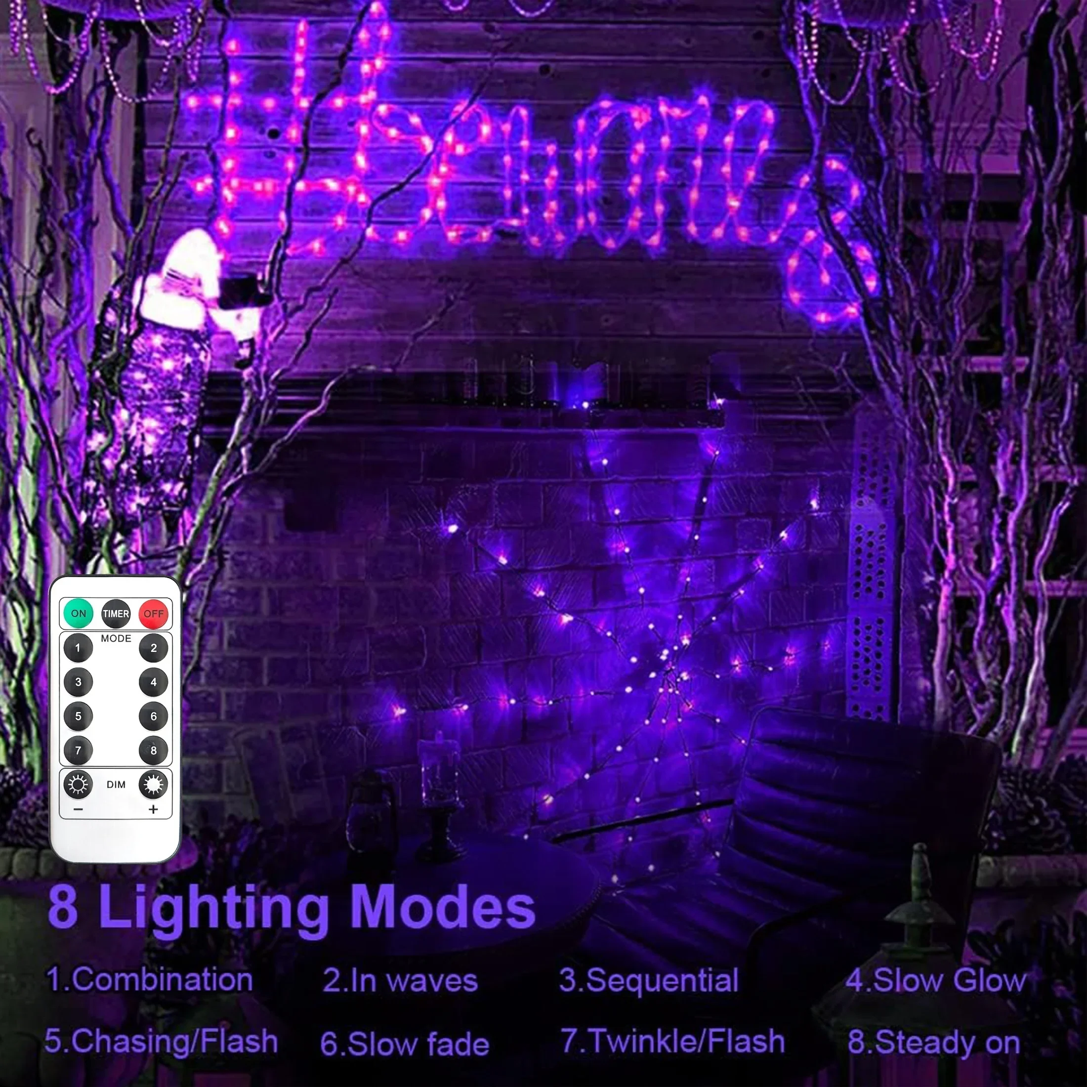 ไฟ LED สายยาวสำหรับฮาโลวีน ไฟรังแมงมุม DIY ใช้แบตเตอรี่ 8 โหมด ควบคุมด้วยรีโมท 70 หลอด LED สำหรับตกแต่งห้องในงานปาร์ตี้ฮาโลวีน