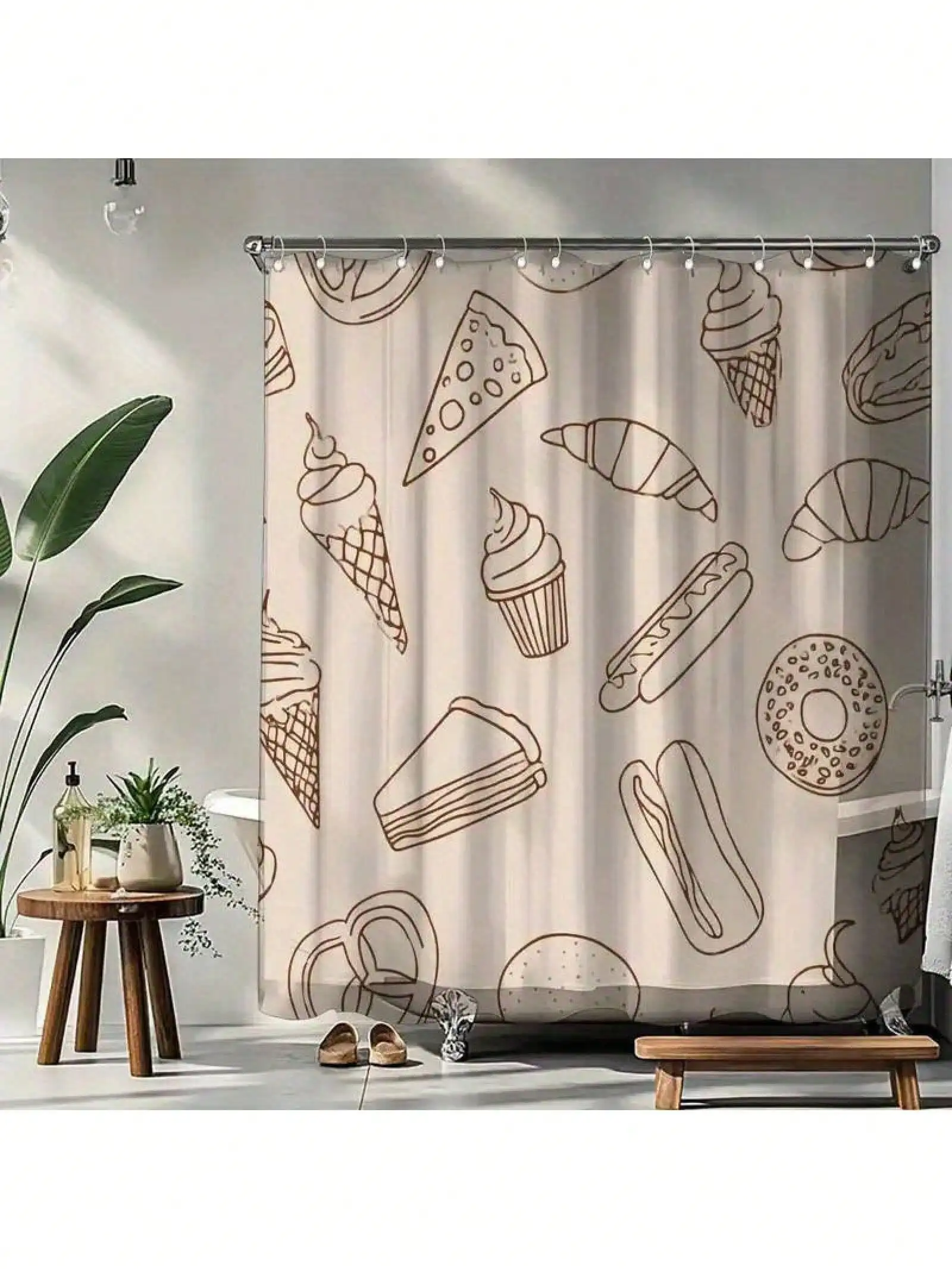 

Cute Food Pattern Shower Curtain, Cartoon Pizza Ice Cream Donut Bathroom Decor, Waterproof Polyester Fabric Bath Screen with
