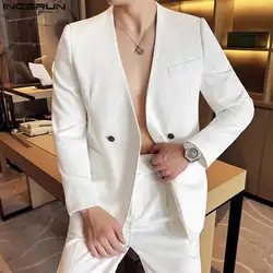 Men Sexy Solid Color Tops INCERUN Casual Long Sleeve Blazer Bottun Pocket Elegant Suits 2024 Korean Fashion V-neck Coats S-5XL