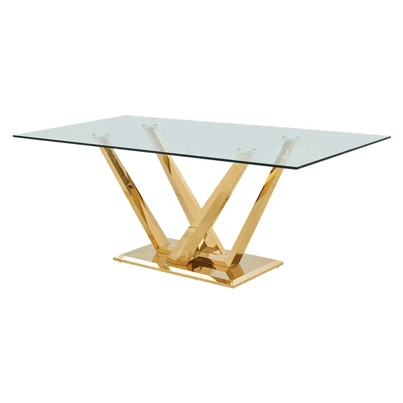 

Modern light luxury tempered glass household dining table Small apartment long stainless steel designer dining table and chairs