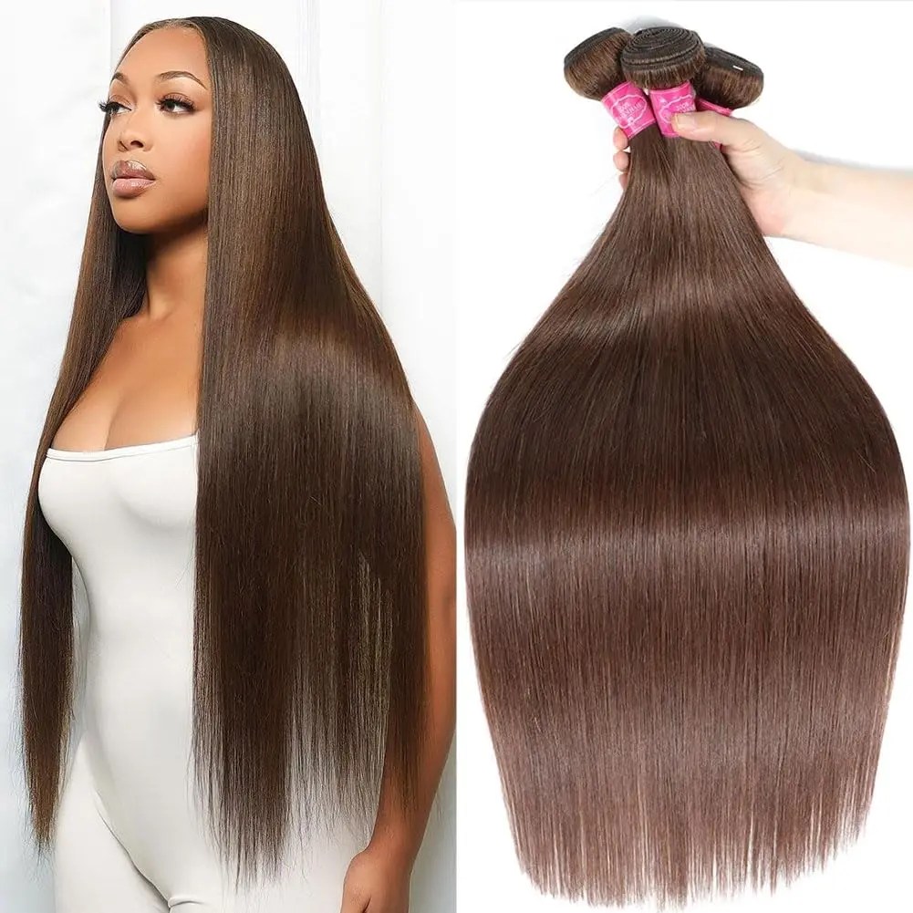 

Прямые человеческие волосы, 3 пучка, коричневые # 4-цветные прямые пучки человеческих волос, 100% необработанные, класс 12А