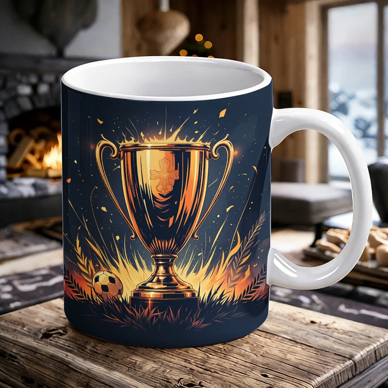 

Emblem A Golden Trophy with Cross Detail and Soccer Ball Mug with a bottle opener function of 2026 Major Football Event