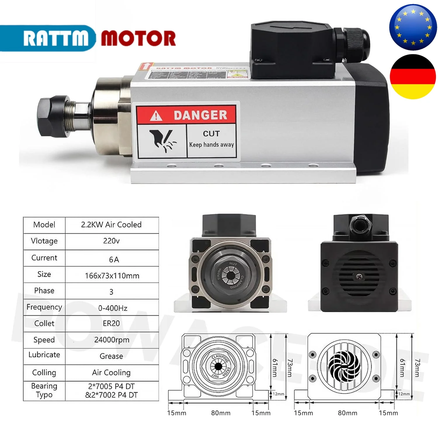 

【EU Stock】GDZ-80x73-2.2 Square 2.2kw ER20 220V Air Cooled Spindle Motor 6.0A 24000rpm Runout off 0.01mm CNC Router Milling Kit
