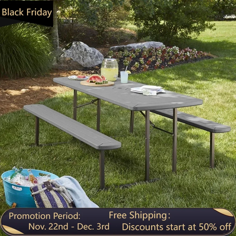 Outdoor Living 6 Ft Folding Picnic Table Outdoor Furniture Sets Dark Gray Wood Grain Resin with Gray Steel Legs Camping Garden