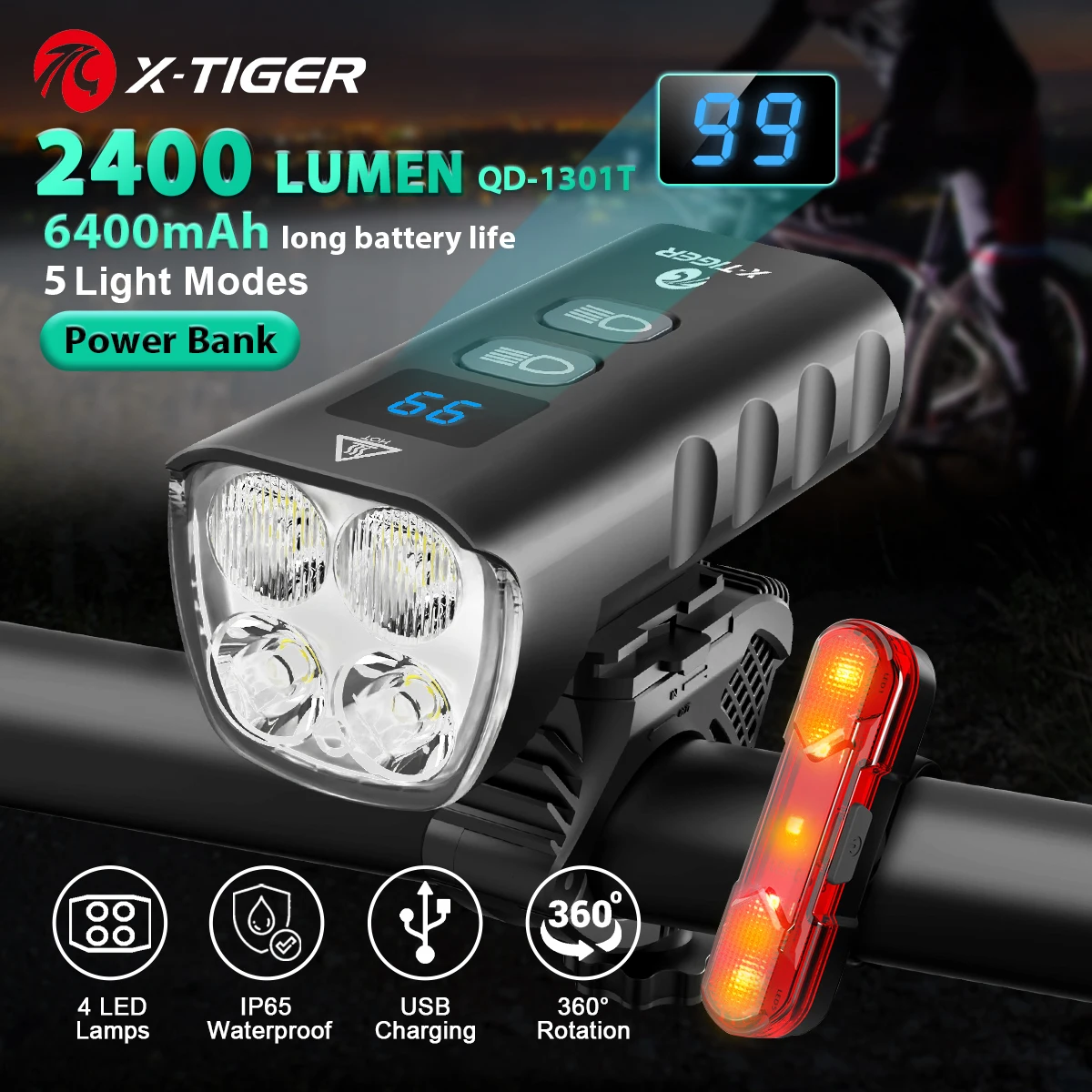 X-TIGER Luce anteriore per bici 6400mA Luce per bicicletta ricaricabile 2400LM Faro per ciclismo Torcia a LED Lampada per bici MTB