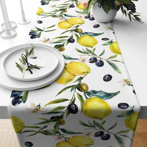 Digital Lemon and Olive Pattern Raschel Knitted American Service Table Cloth