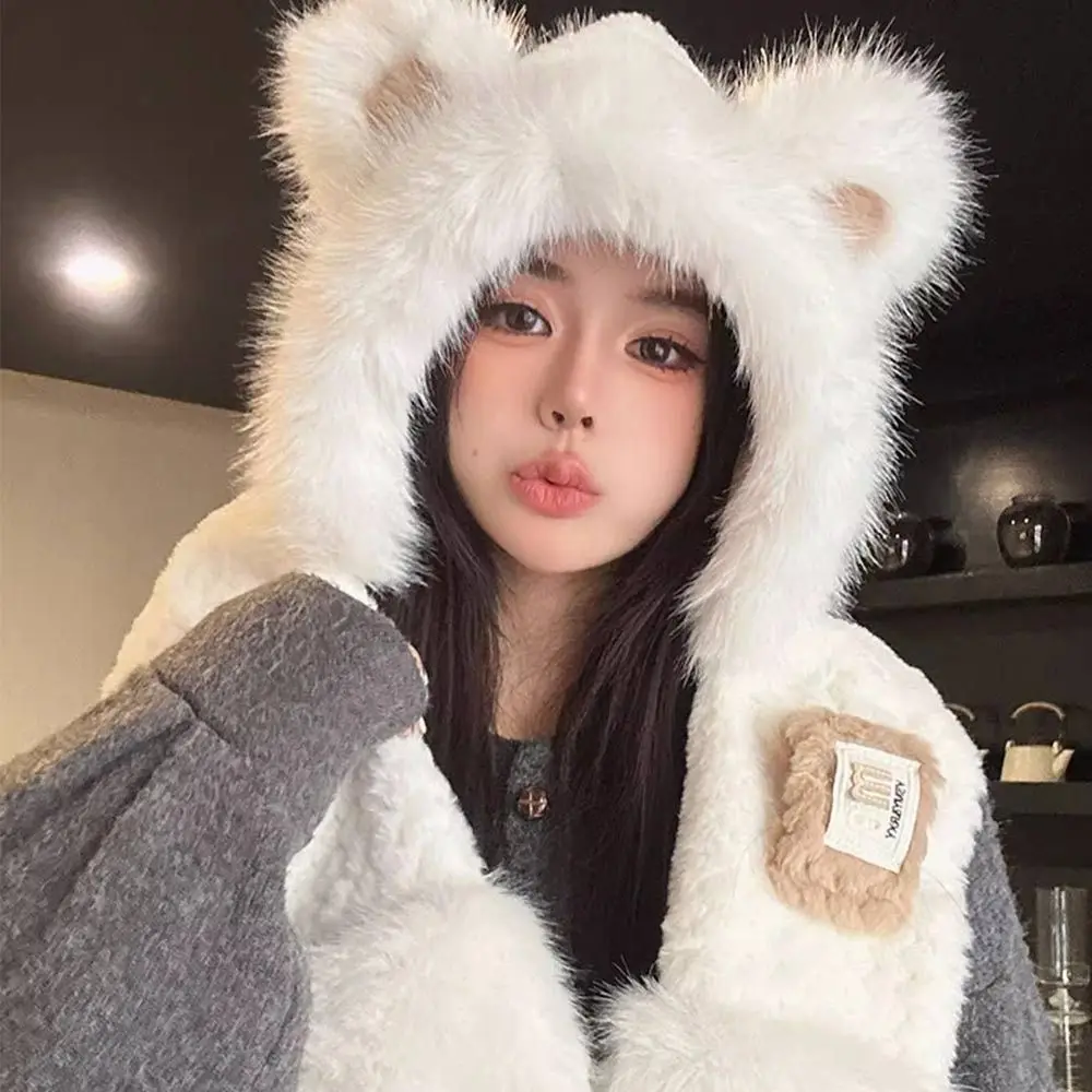 Gorro integrado de felpa bonito para invierno, bufanda cálida y gruesa con protección para los oídos, gorro informal a prueba de viento, bufanda para mujer