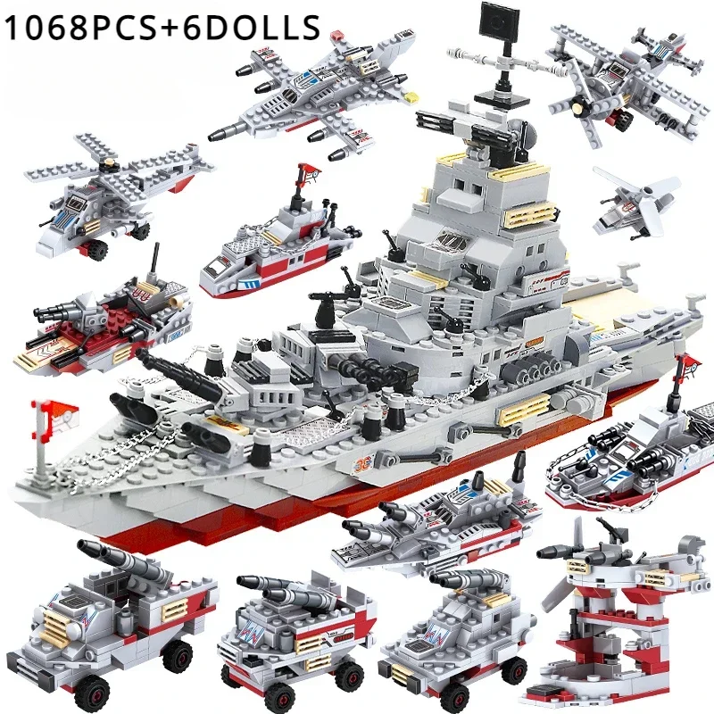 New Military Navy War Chariot Ship Army Boat Plane Model Warships Building Blocks Construction Set Toys For Children Boy Gifts