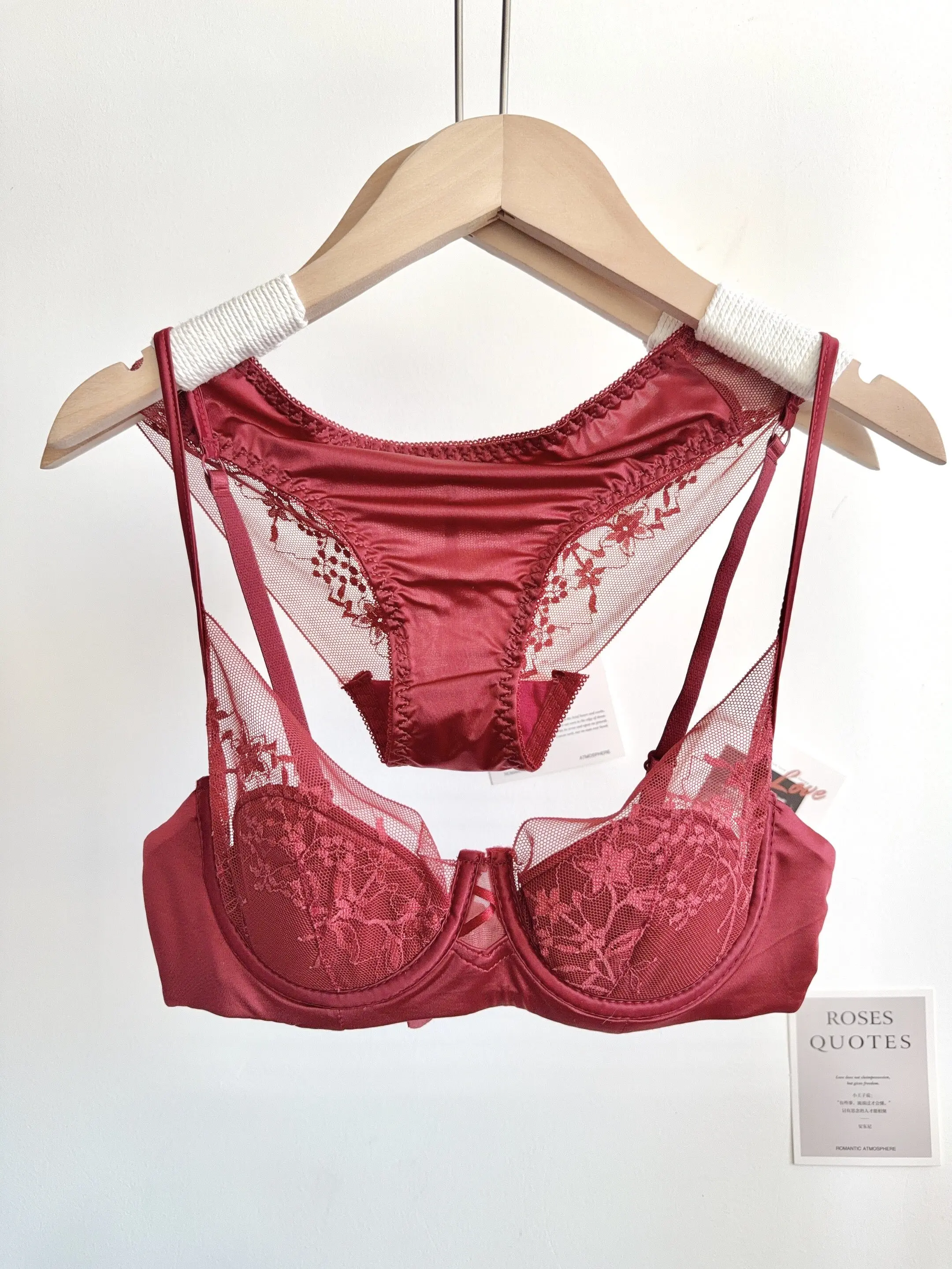 Conjunto de Lencería de Encaje Cómodo para Mujer, Sujetador con Aros Suaves, Copa Delgada, Push-Up, Transpirable, Ropa Interior para Mujeres con Busto Pequeño