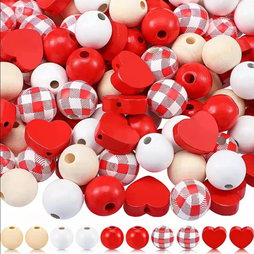 

Valentine's Day Red Plaid Wooden Beads Round Heart Spacer Bead for DIY Custom Valentine's day Decor Bracelets Accessories