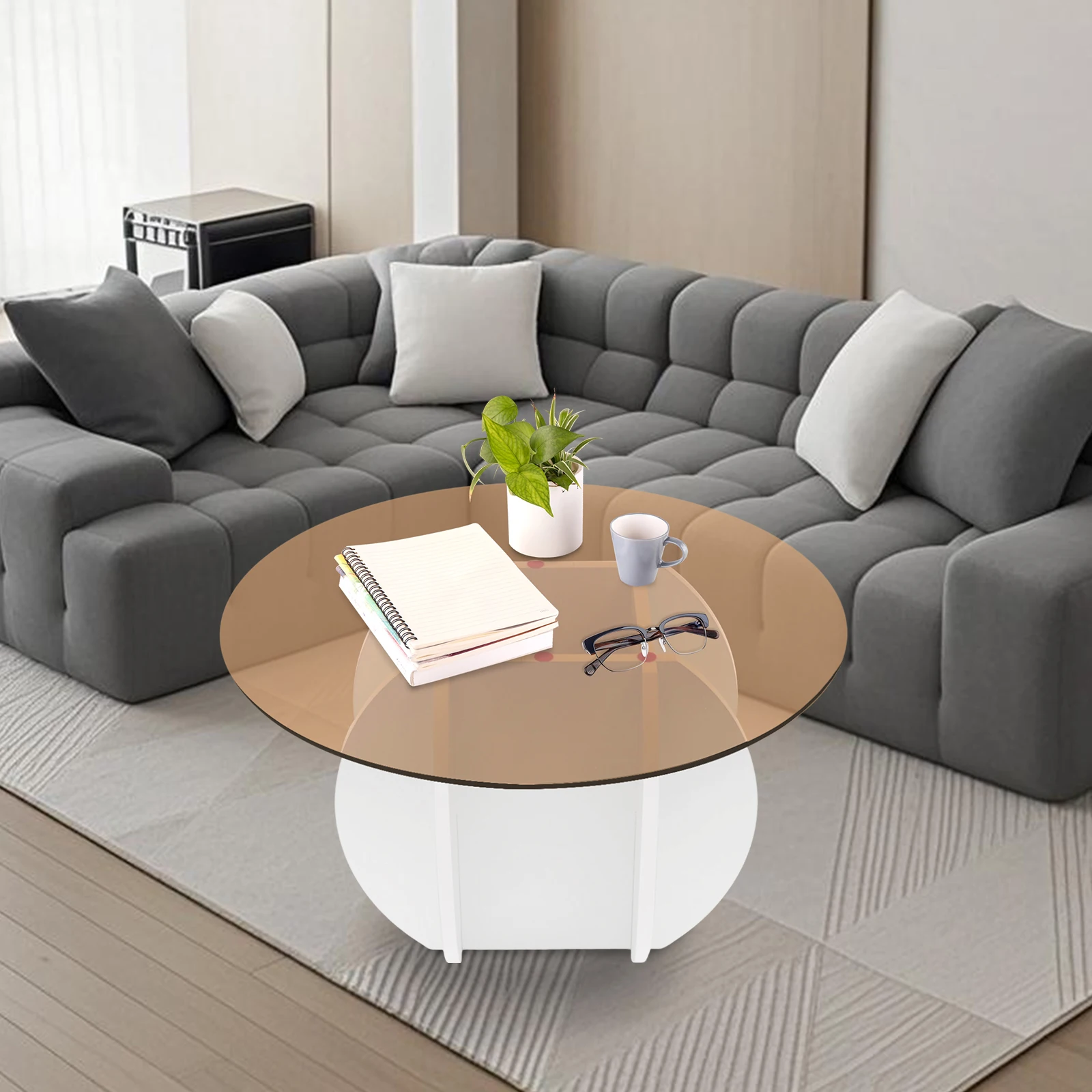 70cm Round Tabletop Coffee Table Tempered Glass Coffee Table Load Bearing Capacity 100kg for Offices, Living Rooms, Guest Rooms