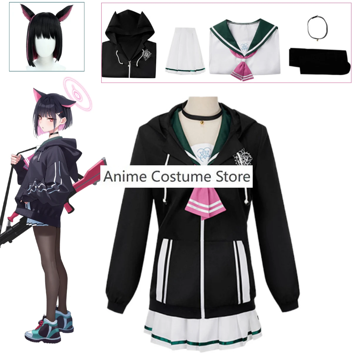 Anime Blue Archive Kyoyama Kazusa Cosplay Costume Women XS-XXXL Girl Black Hoodie Sailor Suits Skirt Pink Bow-Tie Stocking Wig