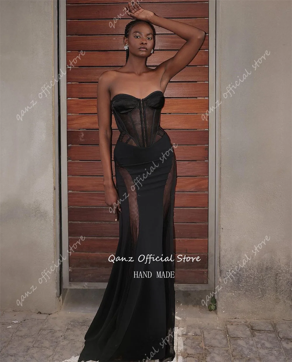 Qanz Sexy Illusion Prom Dresses Black Sweetheart Mermaid Vestidos Para Mujer Lace Up Back Soft Satin Gown Dress Women Customized