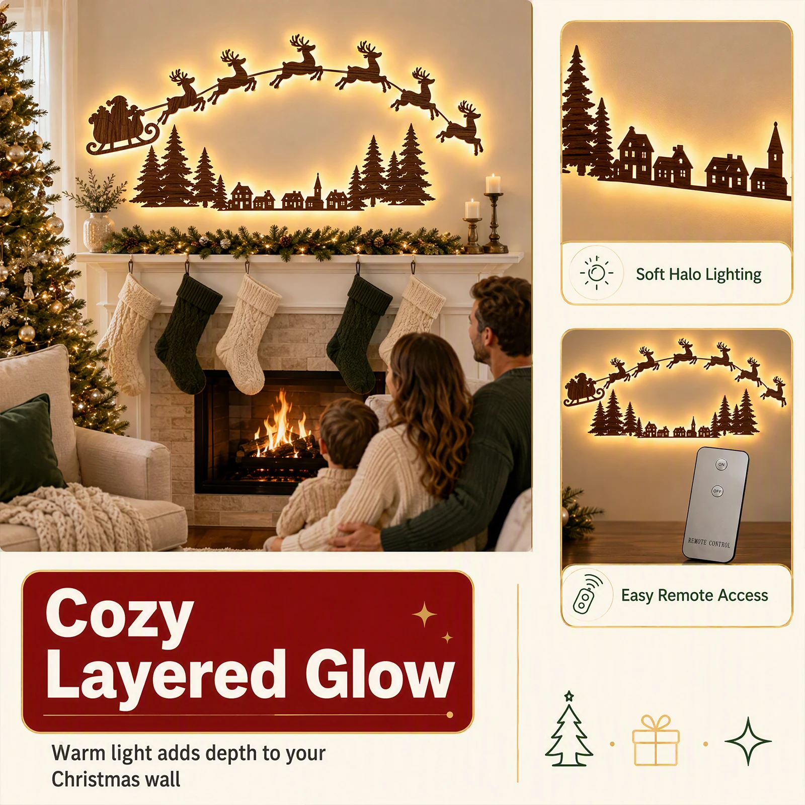 LED Light Up Christmas Wall Hanging Wooden Santa Sleigh Reindeer Village Remote Control