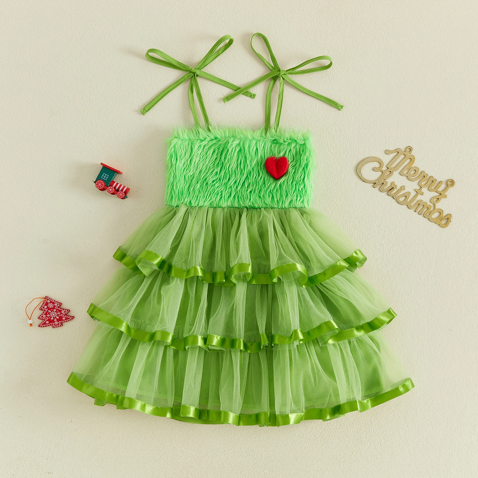 1-7Y Little Girl Christmas Tutu Mesh Dress Red Heart Patch Tie Shoulder Layered Xmas Dresses