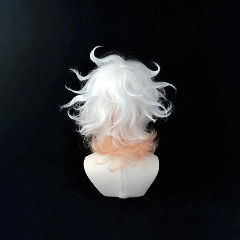 Anime Danganronpa Nagito Komaeda Parrucca Cosplay Breve Sfumatura Bianco Rosa Ricci Resistente Al Calore Capelli Sintetici Gioco di Ruolo Parrucca Protezione Della Parrucca