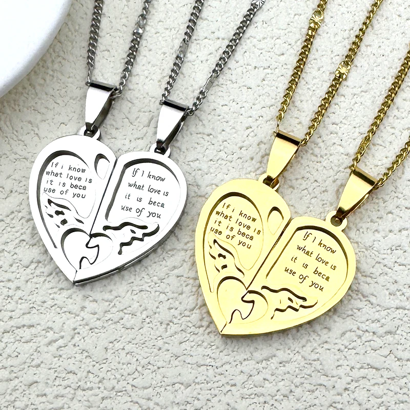 

2pcs Heart Love Couple Pendant Necklace For Women Men Stainless Steel Gold Color Wing Verse Chain Jewelry Valentine'S Day Gift