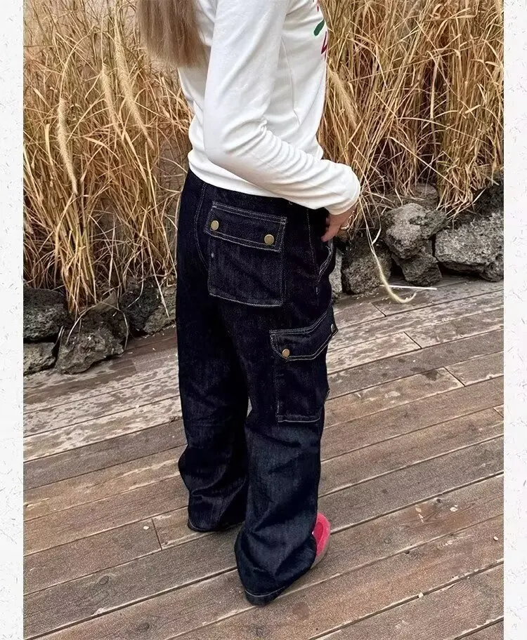 Blaue Schlaghose für Damen, hohe Taille, Knopfhose, 2000er-Jahre, amerikanische Y2k-Waschtasche, lockere Herbstjeans, Büro-Damenhose