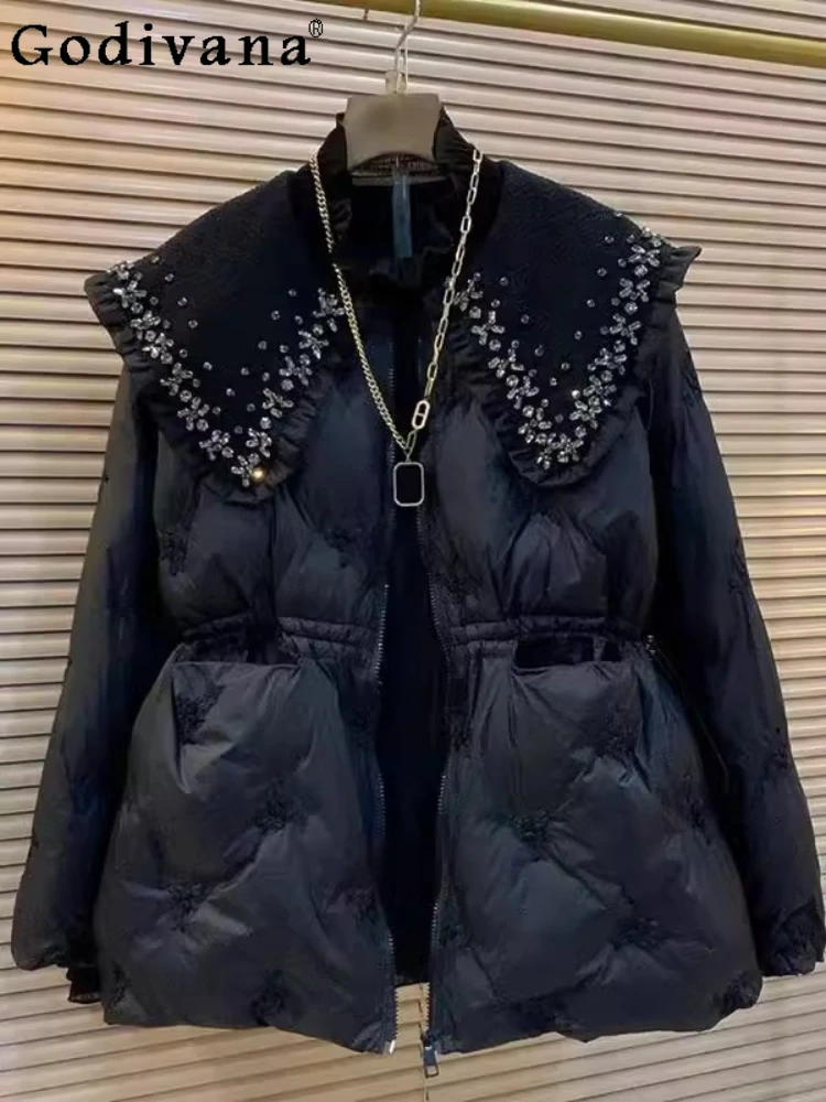 

Большой размер, корейское тяжелое промышленное хлопковое пальто с воротником «Питер Пэн», уменьшающее возраст, милые зимние теплые пальто с длинными рукавами для девочек