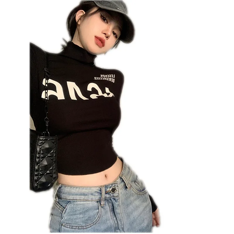 New American-Style Black Short-Sleeved T-shirt Women's Letter Printed Turtleneck Bottoming Shirt Top