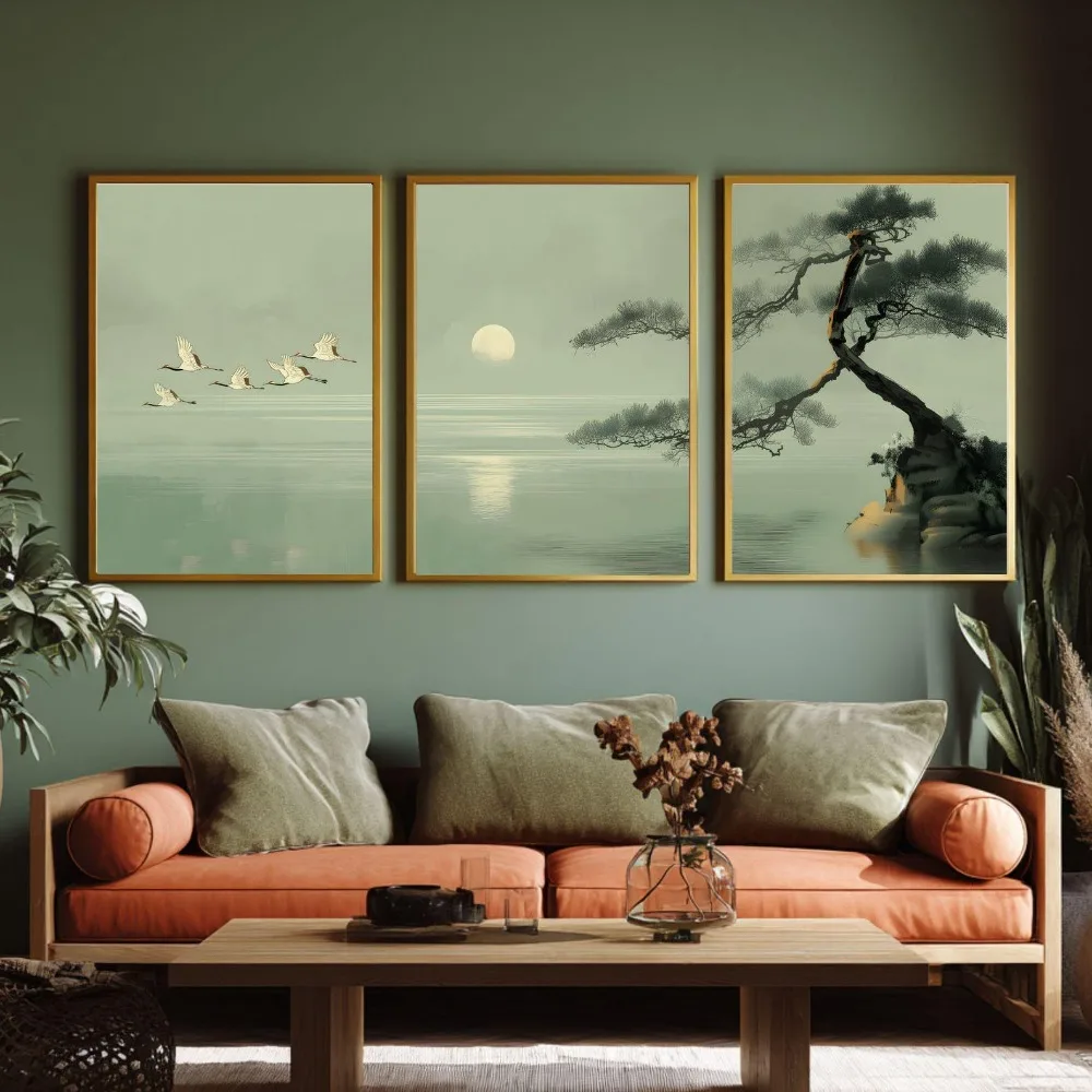 3-teiliges rahmenloses Japandi Wandkunst-Set: Minimalistisches grünes Heiligenposter, skandinavische Zen-Dekoration, ruhige Meeresansicht Kunstdruck Poster Geschenk