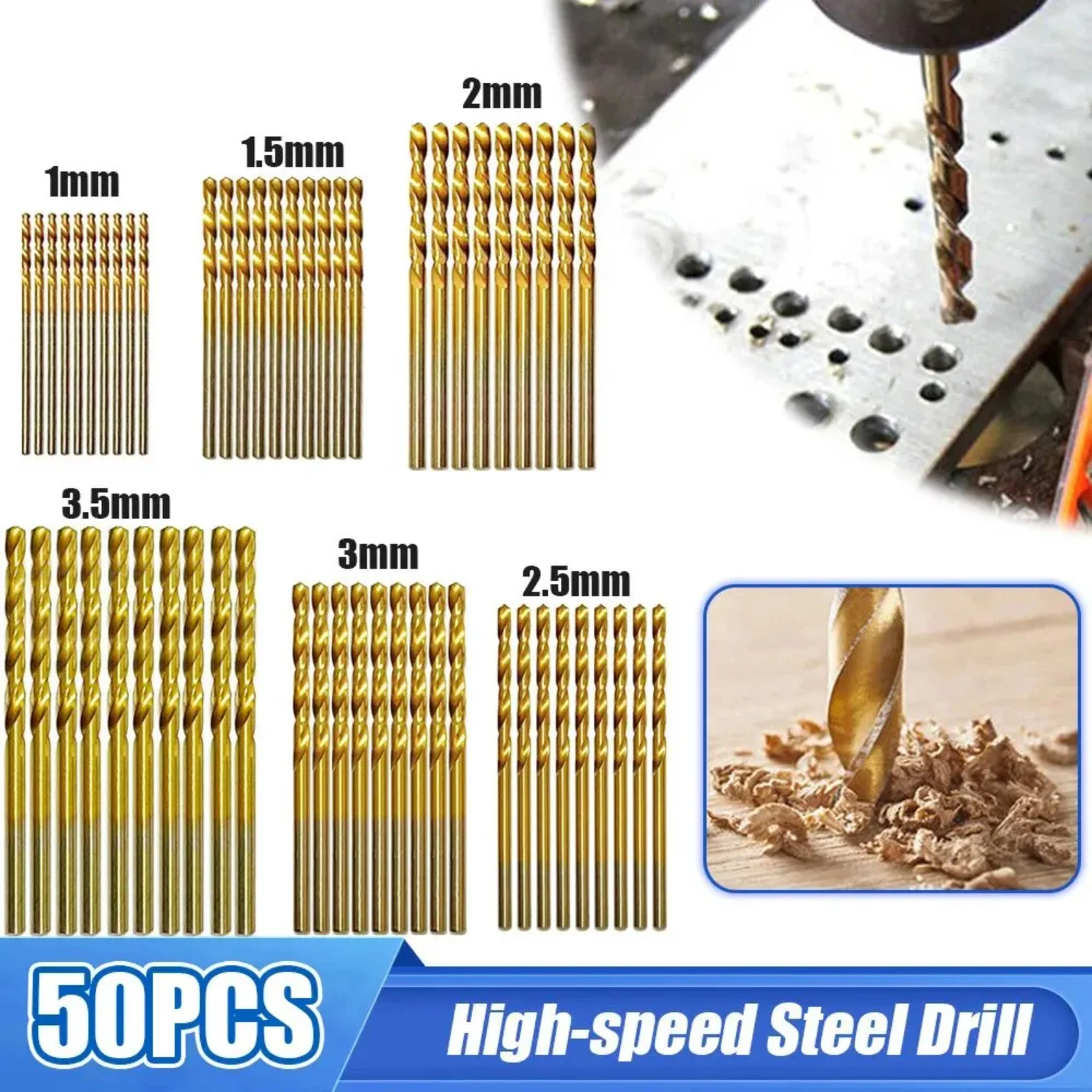 Durable and Efficient High-Quality Ti-plated Coated High Speed Steel Drill Bits Tool Set - Includes 1mm, 1.5mm, 2mm, 2.5mm, and 