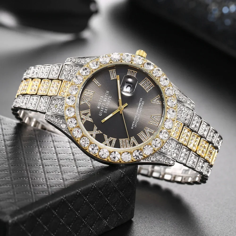 zkceenier Heißer Verkauf Diamant Bling Uhr Männer Gold Farbe Luxus Geschenk Quarz Uhren Männliche Uhr Dropshipping Strass Kalender Armbanduhr 4