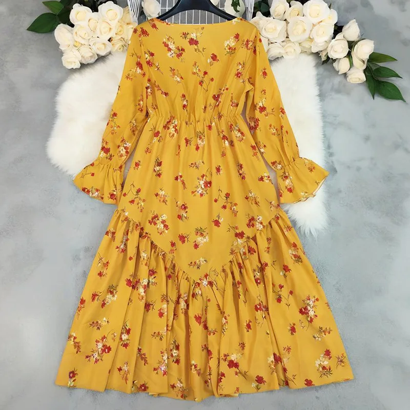 Bohemian Printed Women's Dresses French Shirt Fashion A-line Spring/Summer V-neck Casual Clothing Long-sleeved Women Dress