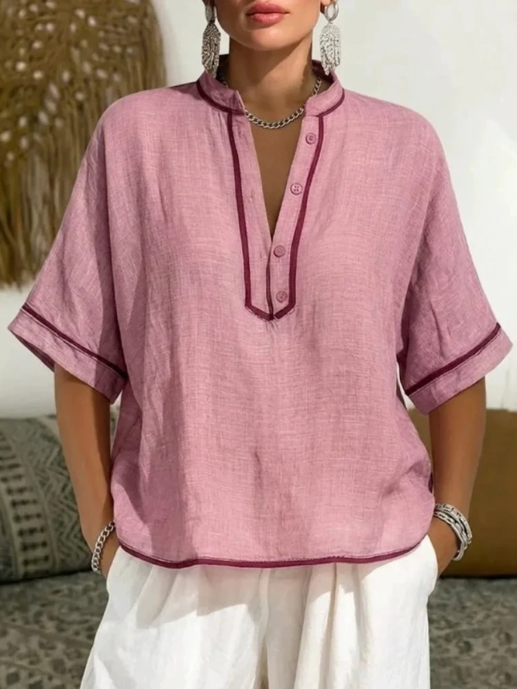 

New Women's Comfortable Casual Contrasting Color V-neck Linen Shirt Half Sleeve Loose Tunic Tops for Summer Lightweight Blouse