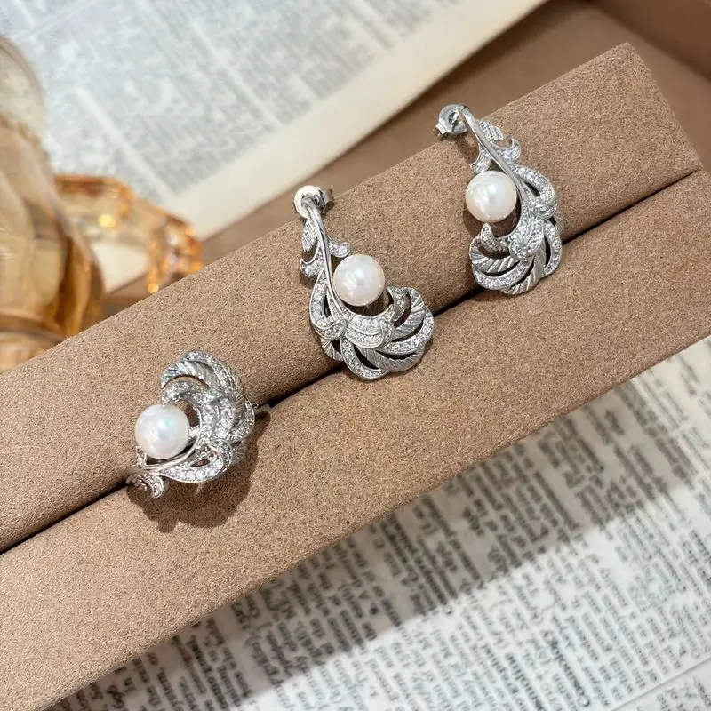 925 sterling silver exquisite feather pearl earrings, women's light luxury fashion ring, high-end temperament two-piece set