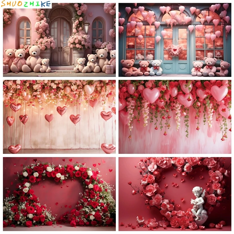 

Valentine's Day Photography Backdrop Red Rose Love Heart Background Floral Wedding Bridal Shower Party Decor Photo Banner Props